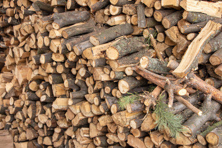 wall firewood, Background of dry chopped firewood logs in a pile.