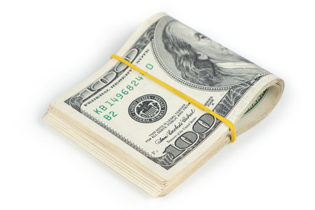 Big Stack of Folded Hundred Dollar Bills Isolated on White Background