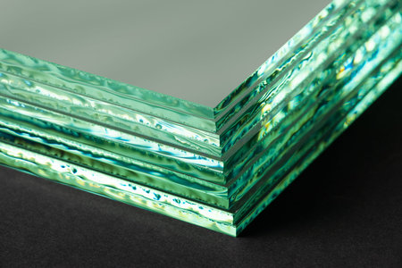 Sheets of Factory manufacturing tempered clear float glass panels cut to size. dark background.