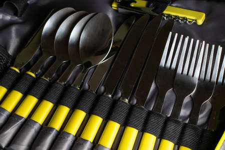 Picnic set in backpack. Knives forks spoons.の写真素材