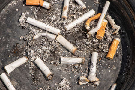 Yaremche Ukraine. June 24, 2021: Cigarette butts on a gray backgroundのeditorial素材