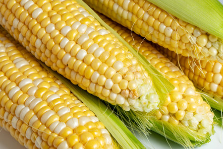 Sweet corn ears background. Close-up photo.
