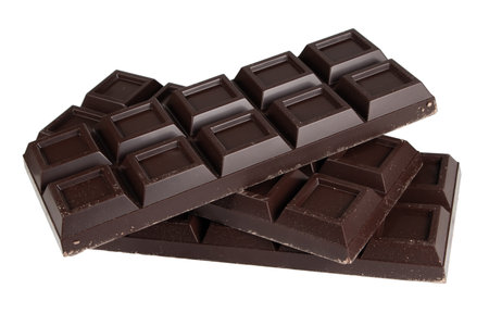 Three black chocolate bars isolated on white background.