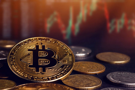 Close up of metal shiny bitcoin crypto currency coin with Ukrainian hryvnia coins. Electronic...
