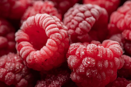 Frozen berries of raspberries, covered with hoarfrost. close-up.