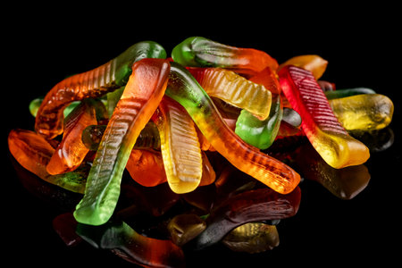 Heap juicy colorful jelly worms sweets. Gummy candies. Snakes. On black.