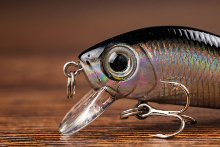 Fishing bait tackle wobbler for fishing on a wooden background.の写真素材