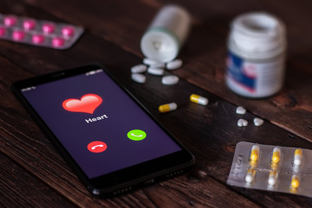 The first signs of heart failure. The human heart disease. Phone with a call from the heart on the background of medicines and pills. health concept. All screen graphics are made upの写真素材