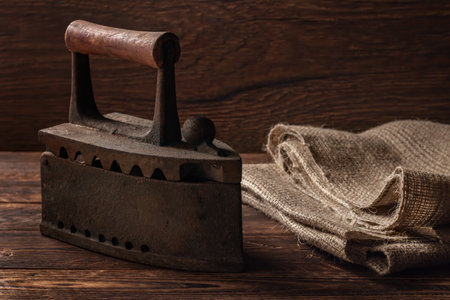 Vintage old iron on a wooden background. vintage style.の写真素材