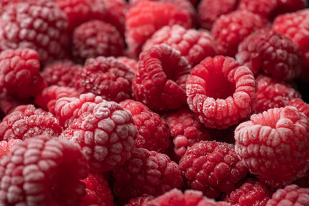 Frozen berries of raspberries, covered with hoarfrost. close-up.の写真素材