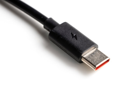 USB type C cable on white background.の写真素材