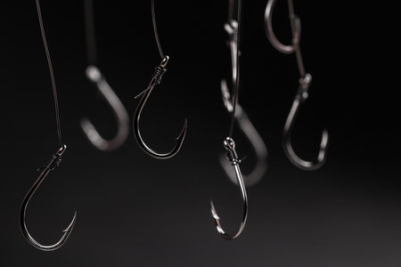 A fishing hook hanging on a fishing line on a black background. conceptの写真素材