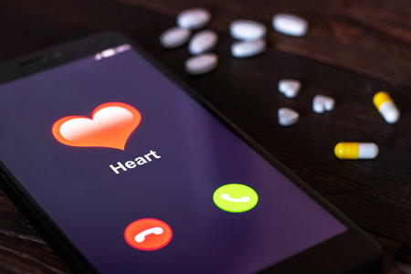 The first signs of heart failure. The human heart disease. Phone with a call from the heart on the background of medicines and pills. health concept. All screen graphics are made upの写真素材