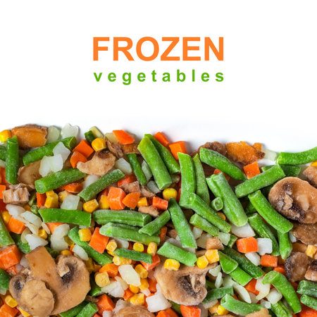 Heap of frozen vegetable mix close-up on a white background. isolated,の写真素材
