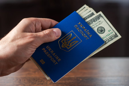 Ukrainian biometric passport and dollars. Ukrainian passport on a wooden background, top view. Document for traveling.の写真素材