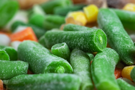 frozen vegetables. Frozen vegetable mixture of carrots, corn and peasの写真素材