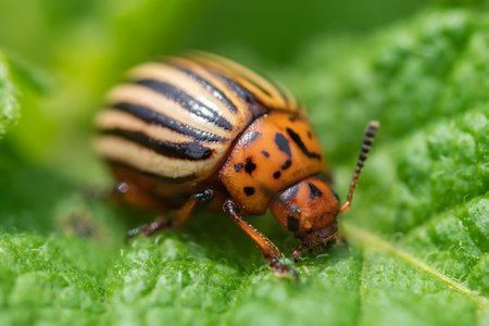 The Colorado potato beetle Leptinotarsa decemlineata is a serious pest of potatoes, tomatoes and eggplants. Insecticides are currently the main method of beetle controlの写真素材