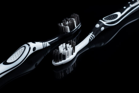 black and white toothbrushes isolated on a black background.の写真素材
