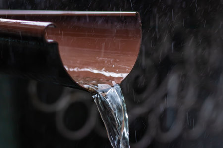 Rain water is pouring from the green draining gutter on the pavement, selective focus