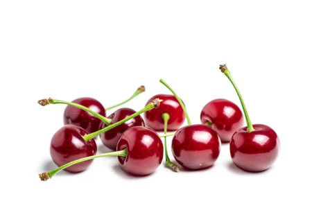 Cherry isolated. Cherries on white background. Sour cherry on white. Full depth of fieldの写真素材