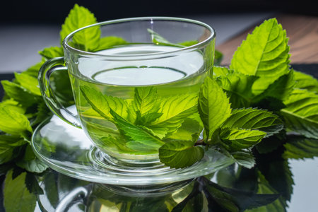 Mint Tea. herbal tea. Mint leaf. mint leaves. Tea in a glass cup. herbs tea and mint leaves on a...