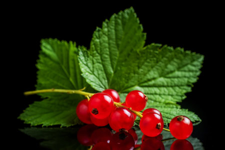 Red currants with leaf. Fresh red currant on black background.の写真素材