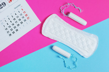 Woman hygiene protection, menstruation calendar and clean cotton tampons and gasket padの写真素材
