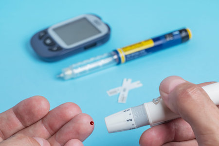 Healthcare and medical concept, The diabetic measures the level of glucose in the blood. World...