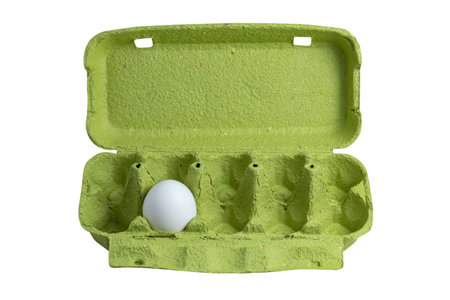 Single egg in paper egg tray on white background.