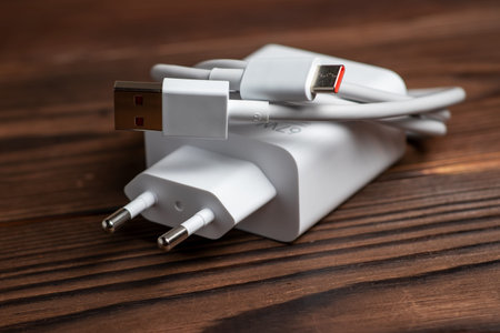 White charger with usb cable on wooden background