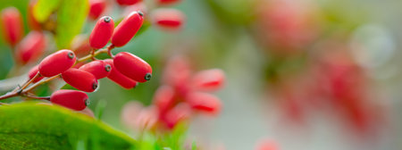Banner with red berries of barberry on a bush branch close-up. Barberry bush in the autumn gardenの写真素材