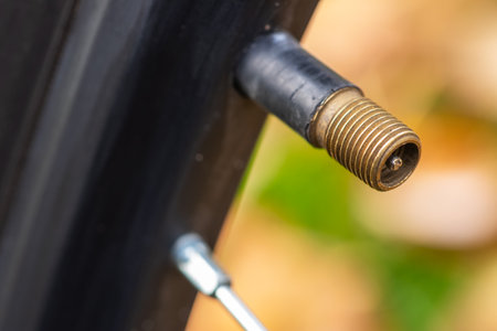 Nipple on bicycle rim for tubeless system close-up.の写真素材