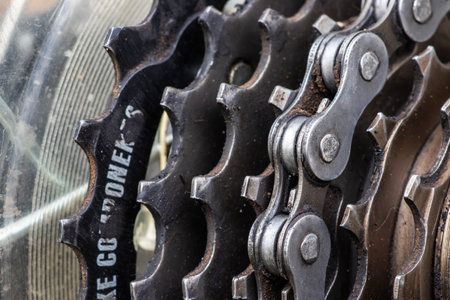 Cassette and chain of a mountain bike close-up on a black backgroundの写真素材