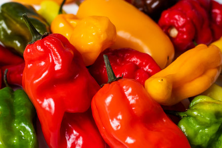 Colorful pile of organic bell peppers at market - red, green, yellow vegetablesの写真素材