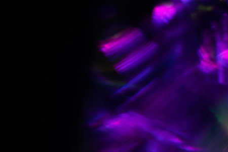 Blur neon light. Lens flare overlay. Bokeh fluorescent flash gleam. Defocused blue purple color...