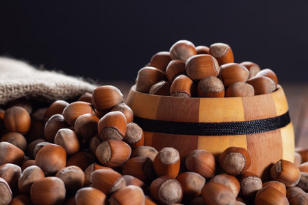 Organic hazelnut in wooden bowl and filbert on dark backgroundの写真素材