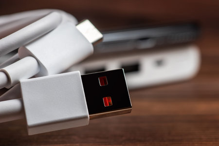 Portable aluminum power bank with USB cable and smartphone on wooden background.