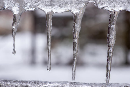 beautiful shiny transparent icicles hang on a clear day,の写真素材