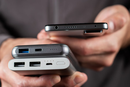 Man hands are holding a smartphone and a powerbank charger. Still life modern digital concept