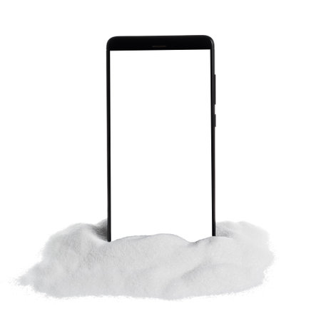 Smartphone with empty screen in sand on white background. Traveling concept. Mockup.の写真素材