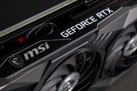 UKRAINE, DNIPRO, FEBRUARY 23, 2023: MSI Geforce RTX graphics card, Hardware components for build PC or mining rig.のeditorial素材