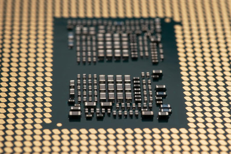 cpu gold pins microchip processor computer component technology. Macro photography Central...