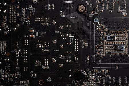 Detail of electronic components and microchips on a video card. Latest generation Video Cardの写真素材