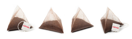 Coffee bag in the shape of a pyramid isolated on white background.の写真素材