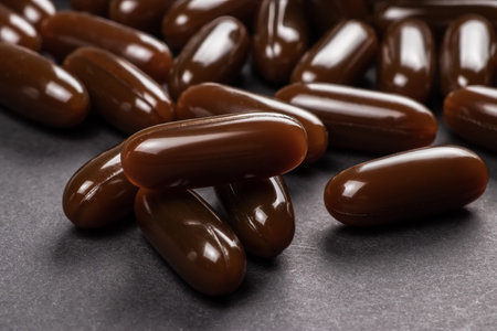 Lecithin gel pills capsule on dark background. Soy lecithin benefits for skin, digestion, lower...