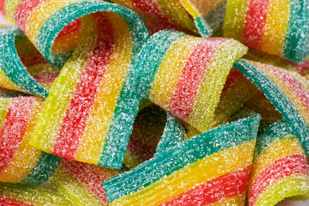 Rainbow sour jelly candies strips in sugar sprinkle.