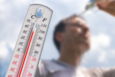 Man pouring water on his head in extreme heat. Thermometer in summer day shows or indicate high temperature degree with sun in background.の写真素材