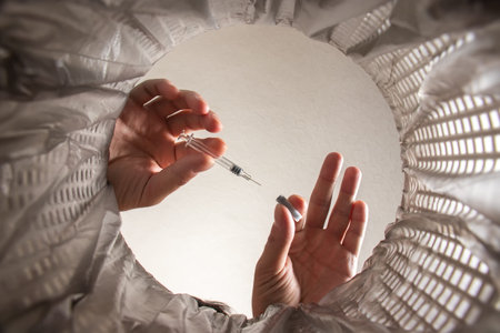 Hand throws syringe into trash bin with package. Inside view.の写真素材