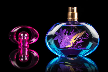Dnipro, Ukraine - July 17, 2023: perfume Incanto Shine Salvatore Ferragamo on black background.のeditorial素材