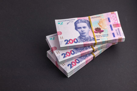 Stack of Ukrainian money hryvnia. grivna, hryvna with 200 banknotes.の写真素材